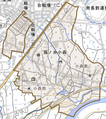 篠ノ井小森とその周辺の地図。町の範囲を重ねている