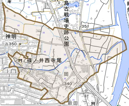 篠ノ井西寺尾とその周辺の地図。町の範囲を重ねている
