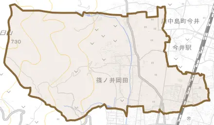 篠ノ井岡田とその周辺の地図。町の範囲を重ねている