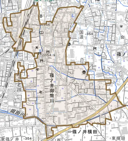 篠ノ井御幣川とその周辺の地図。町の範囲を重ねている