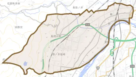 篠ノ井塩崎とその周辺の地図。町の範囲を重ねている