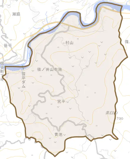 篠ノ井山布施とその周辺の地図。町の範囲を重ねている