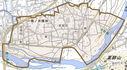 篠ノ井横田とその周辺の地図。町の範囲を重ねている