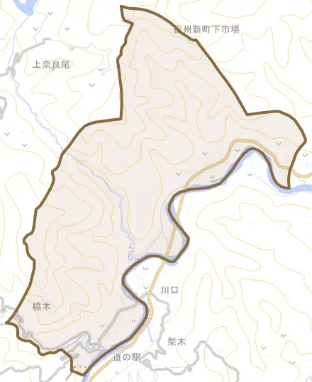 信州新町日原西とその周辺の地図。町の範囲を重ねている