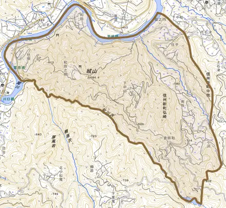信州新町弘崎とその周辺の地図。町の範囲を重ねている