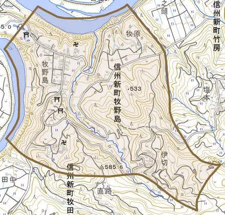 信州新町牧野島とその周辺の地図。町の範囲を重ねている