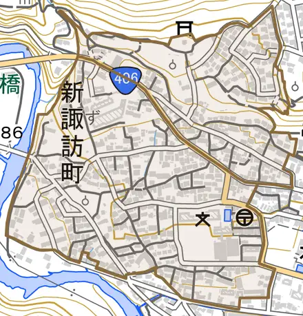 新諏訪とその周辺の地図。町の範囲を重ねている