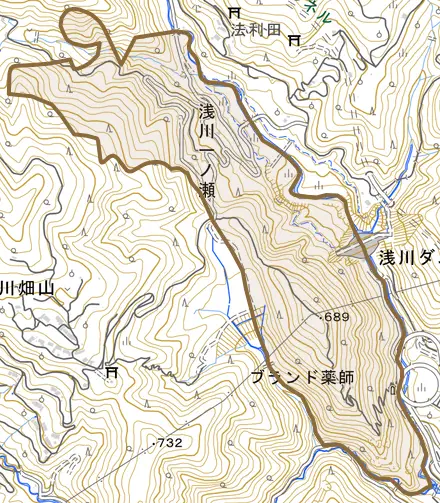 浅川一ノ瀬とその周辺の地図。町の範囲を重ねている