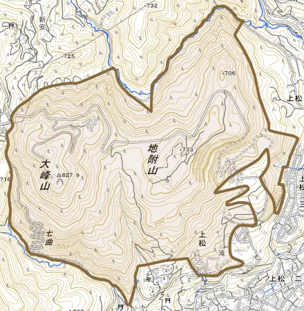 大字上松とその周辺の地図。町の範囲を重ねている