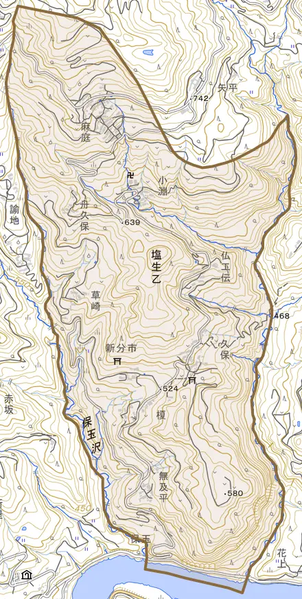 大字塩生乙とその周辺の地図。町の範囲を重ねている