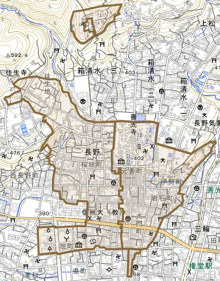 大字長野とその周辺の地図。町の範囲を重ねている