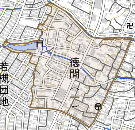 徳間とその周辺の地図。町の範囲を重ねている