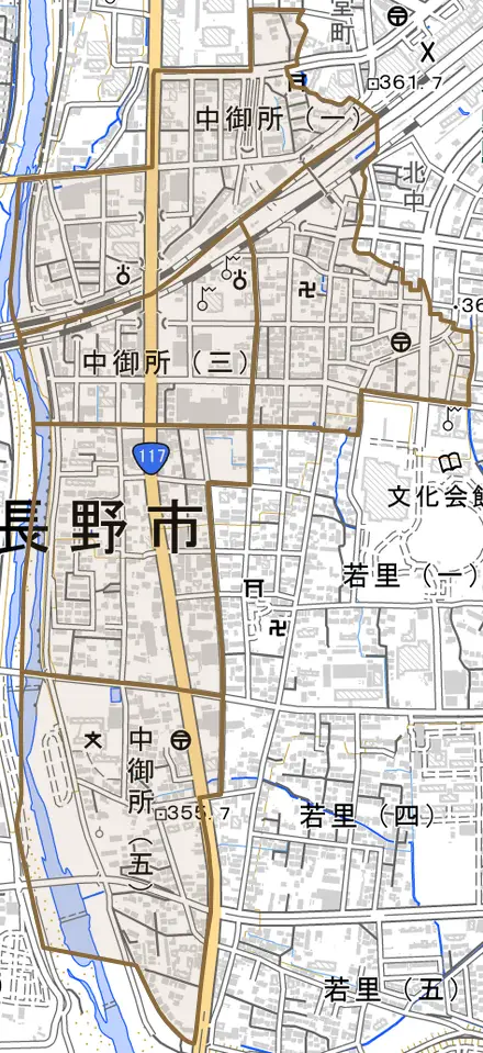 中御所とその周辺の地図。町の範囲を重ねている