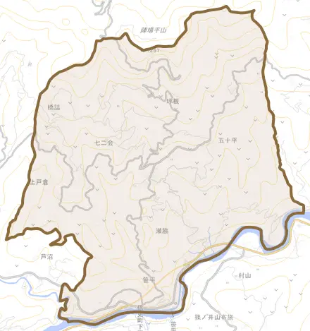 七二会とその周辺の地図。町の範囲を重ねている