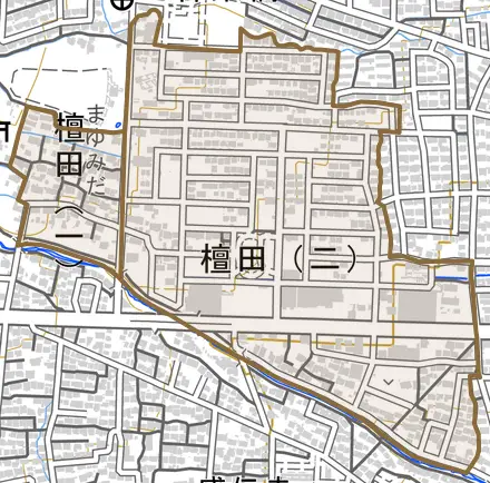 檀田とその周辺の地図。町の範囲を重ねている