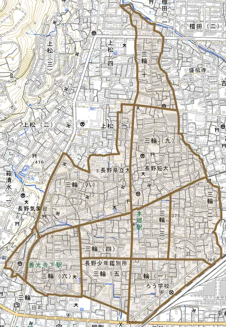三輪とその周辺の地図。町の範囲を重ねている