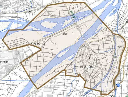 若穂牛島とその周辺の地図。町の範囲を重ねている