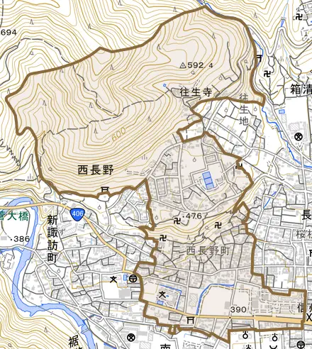 大字西長野とその周辺の地図。町の範囲を重ねている