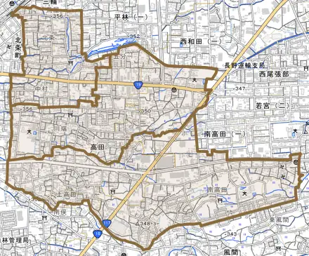 大字高田とその周辺の地図。町の範囲を重ねている