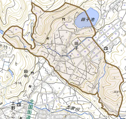 大字田子とその周辺の地図。町の範囲を重ねている