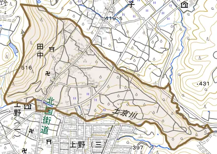 田中とその周辺の地図。町の範囲を重ねている