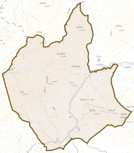 戸隠とその周辺の地図。町の範囲を重ねている