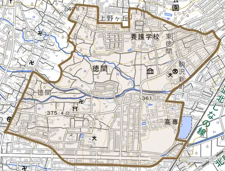 大字徳間とその周辺の地図。町の範囲を重ねている