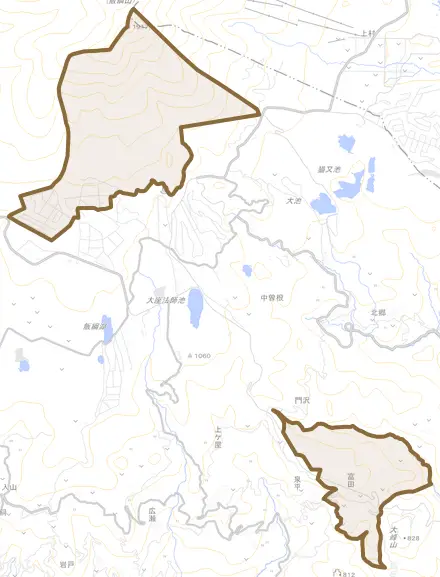 大字富田とその周辺の地図。町の範囲を重ねている