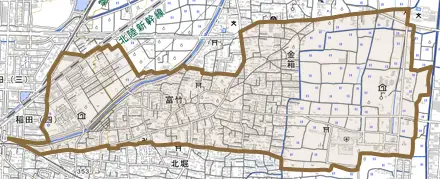 大字富竹とその周辺の地図。町の範囲を重ねている