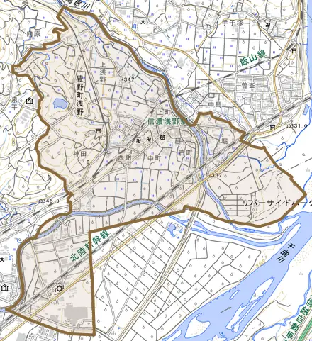 豊野町浅野とその周辺の地図。町の範囲を重ねている