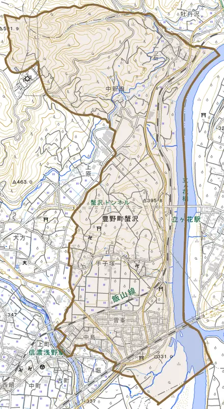 豊野町蟹沢とその周辺の地図。町の範囲を重ねている