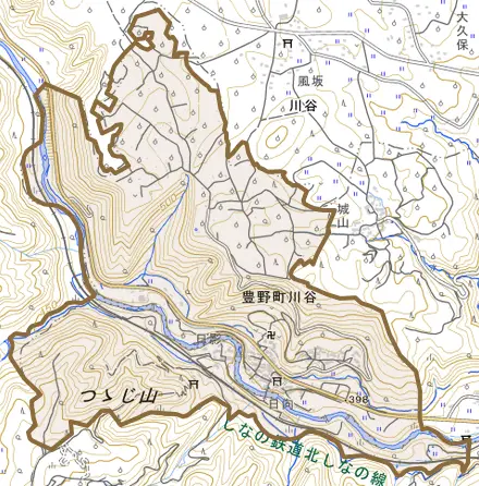 豊野町川谷とその周辺の地図。町の範囲を重ねている