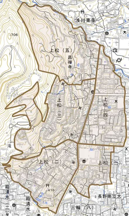 上松とその周辺の地図。町の範囲を重ねている