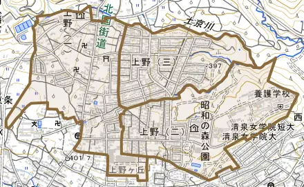 上野とその周辺の地図。町の範囲を重ねている