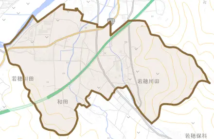 若穂川田とその周辺の地図。町の範囲を重ねている