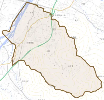 若穂綿内とその周辺の地図。町の範囲を重ねている