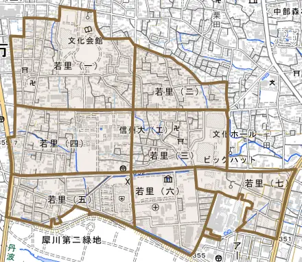 若里とその周辺の地図。町の範囲を重ねている