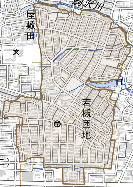 大字若槻団地とその周辺の地図。町の範囲を重ねている