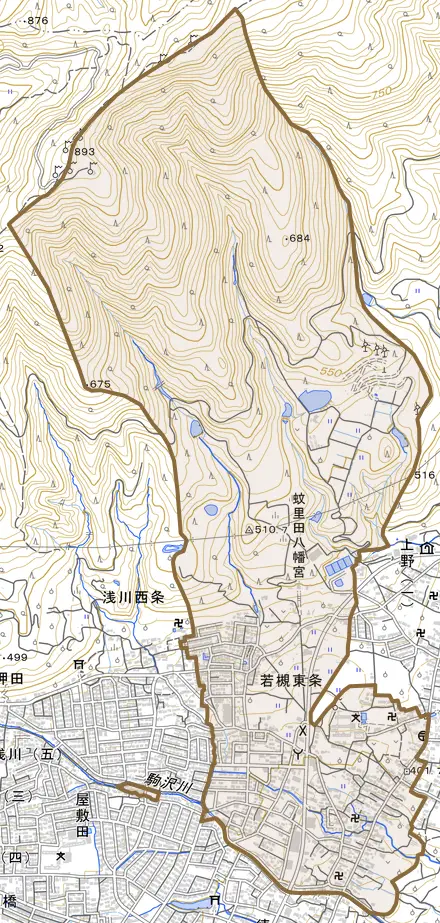 大字若槻東条とその周辺の地図。町の範囲を重ねている