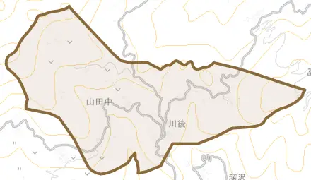 大字山田中とその周辺の地図。町の範囲を重ねている