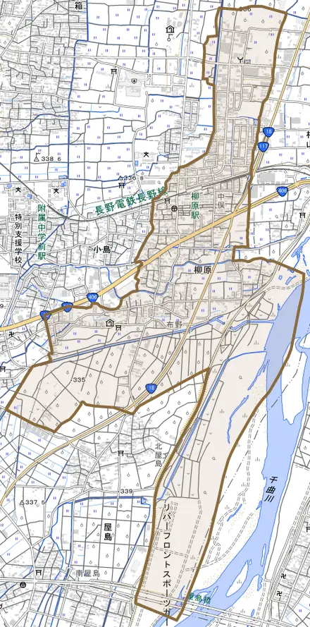 大字柳原とその周辺の地図。町の範囲を重ねている