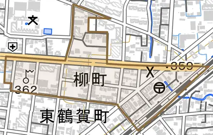 柳町とその周辺の地図。町の範囲を重ねている