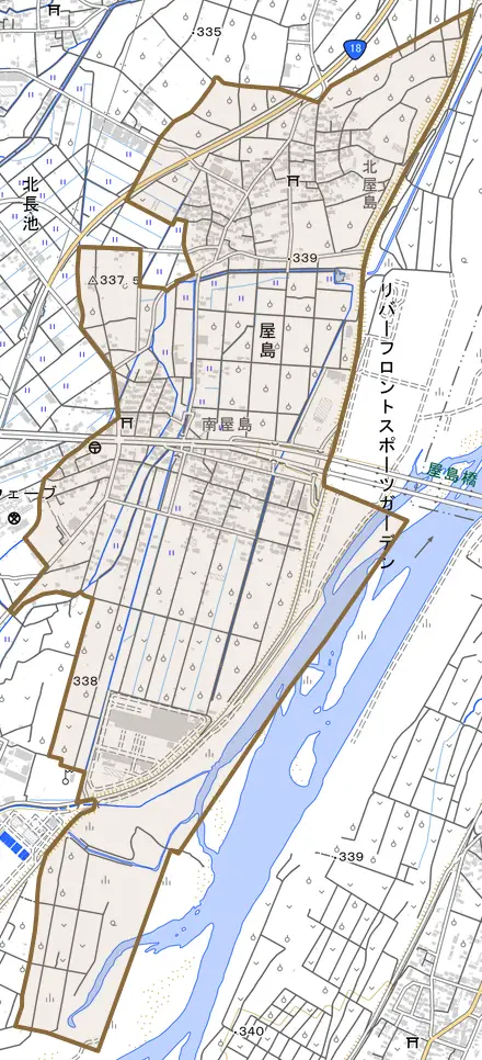 大字屋島とその周辺の地図。町の範囲を重ねている