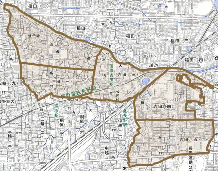 吉田とその周辺の地図。町の範囲を重ねている