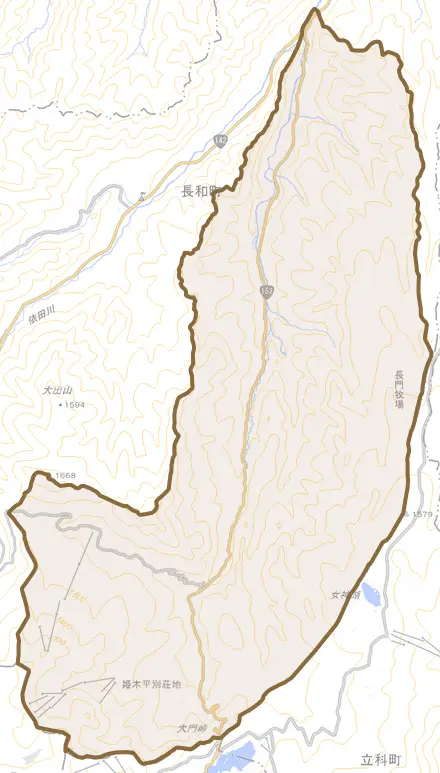 大門とその周辺の地図。町の範囲を重ねている