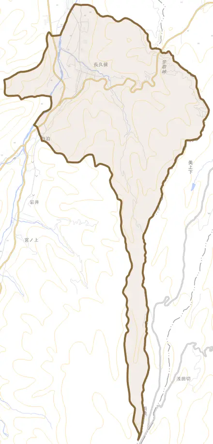 長久保とその周辺の地図。町の範囲を重ねている