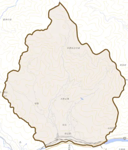 田立とその周辺の地図。町の範囲を重ねている