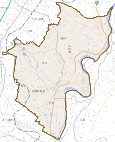 片桐とその周辺の地図。町の範囲を重ねている