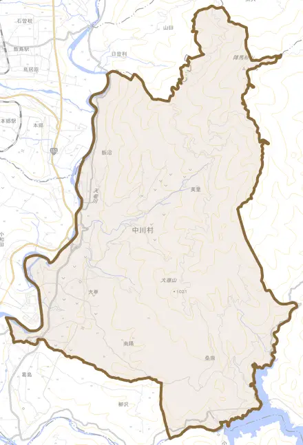 大草とその周辺の地図。町の範囲を重ねている