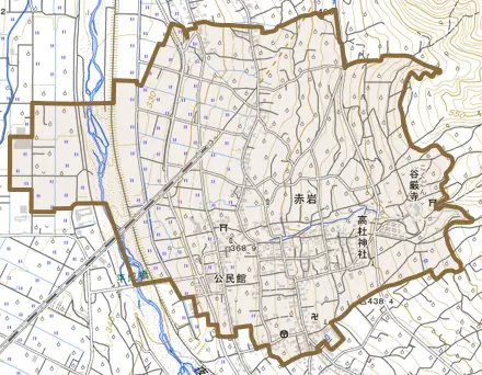 大字赤岩とその周辺の地図。町の範囲を重ねている
